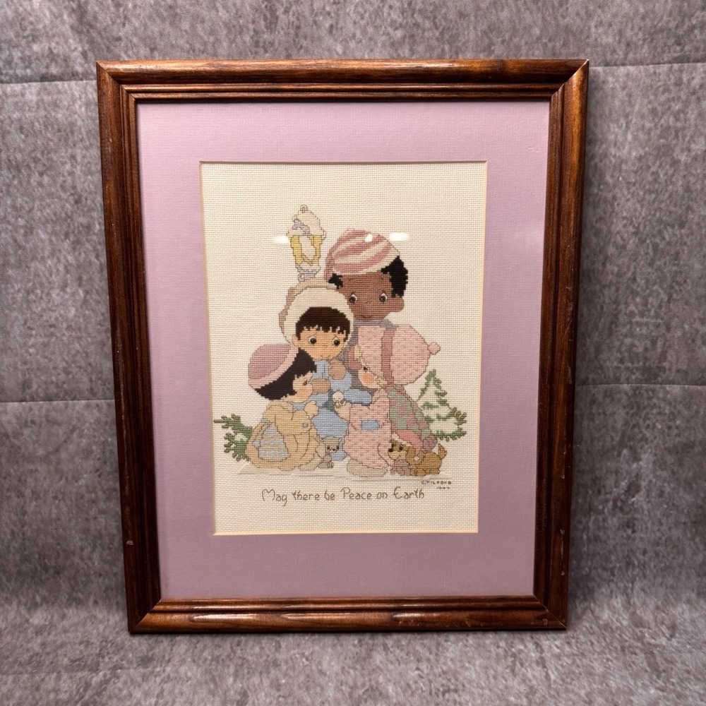 Vintage Framed Precious Moments Cross Stitch May There Be Peace On Earth